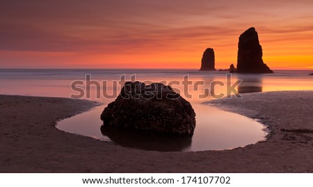 Haystack Rock at sunset Cannon Beach Oregon