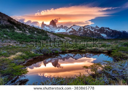 Fitz Roy view with reflection in pond, located at Argentinian Patagonia
