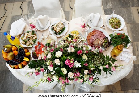 stock photo Wedding table for the bride and groom in restaurant
