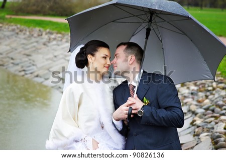 Loving gaze of bride and groom at the wedding walk