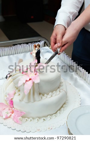 Groom and bride cuts the wedding cake with pink flowers on solemn banquet