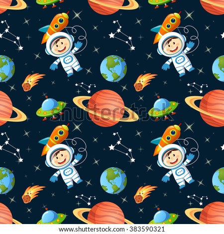 Childish seamless space pattern with astronaut, Earth, saturn, UFO, rockets and stars