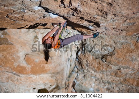 Female rock climber. Rodellar, Spain.