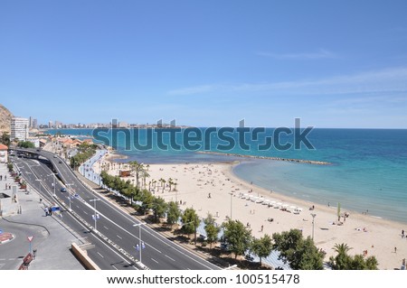 ALICANTE, SPAIN - APR 8: El Postiguet Beach (named after the secondary gate (\