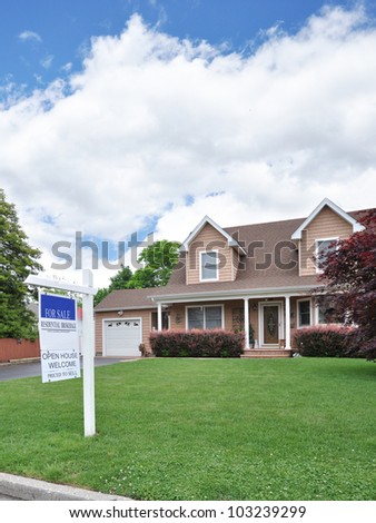 Real Estate For Sale Open House Welcome Sign Suburban Cape Cod Two Story Tall Home Residential District Neighborhood