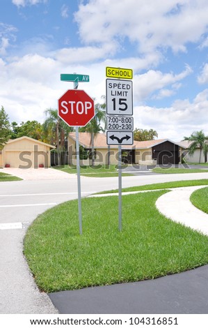 Traffic Street Stop School Sign Speed Limit Suburban Neighborhood