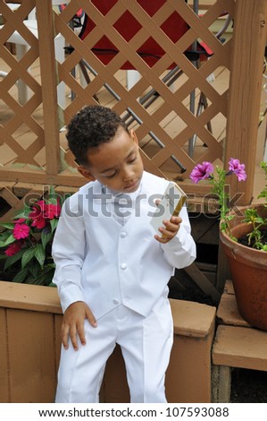 Little Boy Wearing White Holding Looking at Bible Sitting near Flowers And Lattice Fence