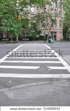Pedestrian Crosswalk Lane In Manhattan New York Red Traffic Light Brownstone Building