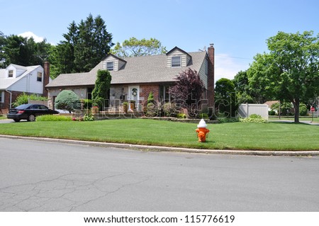 Suburban Home Landscaped curbside Fire Hydrant Corner Lot in residential neighborhood sunny blue sky day