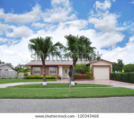 Suburban Ranch Home  Mail Box and Palm Trees Blue Sky Day with Clouds