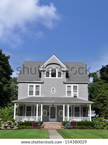 Real Estate For Sale Sign Large Gray Suburban  Manicured Front yard Lawn Sunny Blue Sky Cloud Residential neighborhood USA
