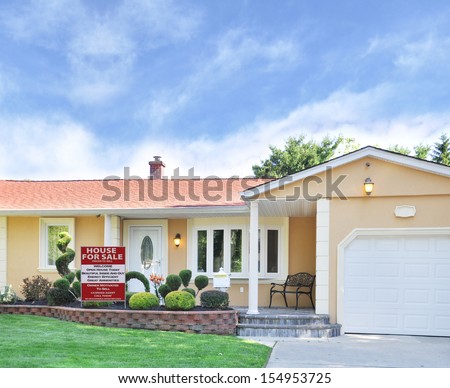 Real Estate House For Sale Sign Great Amenities Energy Efficient Front Yard Suburban Ranch Style Home USA Blue sky clouds
