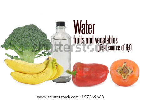 Bottled Water Fruits and Vegetables Great source of H2O isolated on white background