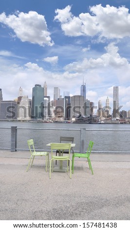 BROOKLYN HEIGHTS, NY - JUL 14: Free public seating at Pier 1 Brooklyn Bridge Park,  an 85-acre post-industrial waterfront site stretching 1.3 miles along BrooklynÃ¢Â?Â?s East River. Brooklyn Jul 14, 2013.
