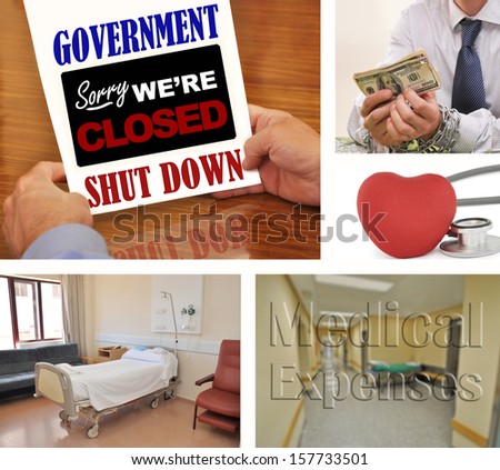 Government Shutdown Collage Hands chained holding money, sorry we\'re closed, hospital room, medical expenses text