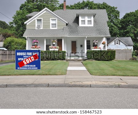 Sold Real Estate Sign Front Yard Lawn Suburban Landscaped Home Residential Neighborhood Usa