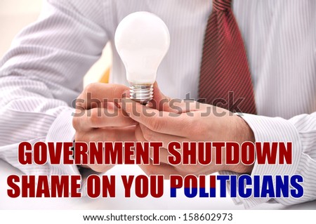 Government Shutdown Same on You Politicians Close up Light Bulb Hands of Man Wearing Red Tie