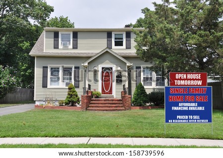 Real Estate Open House Single Family Home Suburban Neighborhood Cape Code Style House USA