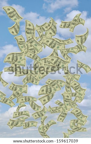 One Hundred Dollars Bills Floating Flying in Blue Sky with Clouds