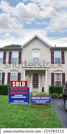 Sold Real Estate Sign Another Success For Sale Sign Front Yard Lawn Suburban Home Residential Neighborhood USA