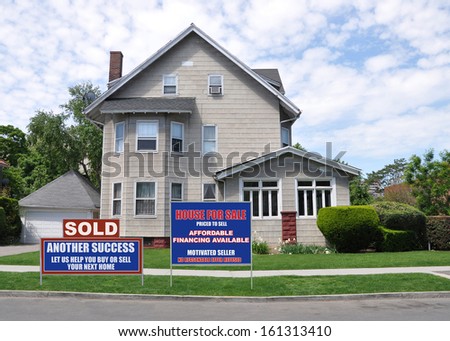 Real Estate For Sale Open House Welcome and Sold Another Success Let Us Help you buy sell your next home Sign Front Yard Lawn Suburban Victorian style Home Residential Neighborhood USA Blue Sky Clouds