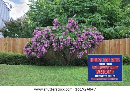 For Sale Real Estate Sign Lawn of Suburban Home with Wood Fence Blooming Tree