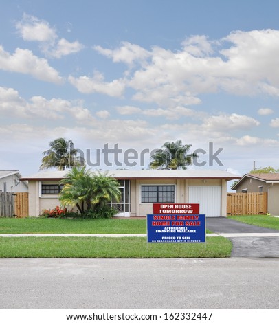 Real Estate Open House For Sale Sign Suburban Ranch Style Home Residential Neighborhood Blue Sky Clouds Palm Trees USA