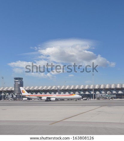 MADRID, SPAIN - JUL 30:EC-LFS Iberia Airbus A340-642X airplane at Madrid-Barajas (MAD) airport. It  is preparing to depart Spain\'s busiest and largest airport. Madrid July 30, 2013.
