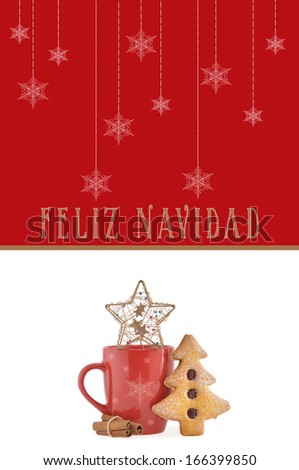 Feliz Navidad Snowflakes Star Mug Butter Cookie Cinnamon Sticks isolated on white background