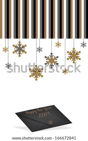 Happy New Year Black Envelope Snowflakes Gold Black Silver hanging from Striped Pattern isolated on white background