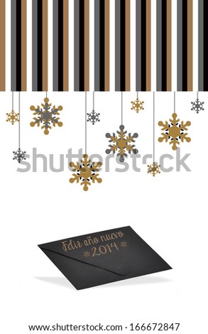 Feliz Ano Nuevo (Happy New Year in Spanish) on Black Envelope with Gold Silver and Black Snowflakes isolated on white background