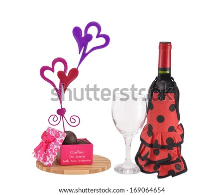 Feliz San Valentin (Happy Valentine in Castellano Spanish) Gift Box Hearts Stemware Red Wine Andalusian Apron Costume isolated on white background