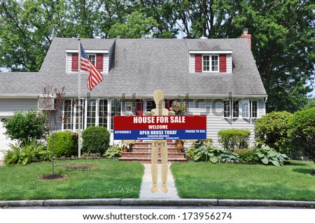 American Flag Pole Real Estate House For Sale Welcome Open House held by adult wood mannequin standing on sidewalk of suburban cape cod style home residential Neighborhood USA