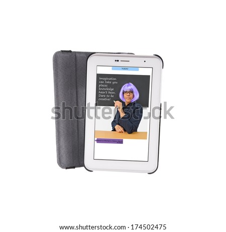March is Women's History Month Digital Tablet Female Teacher purple hair sitting at desk in front of blackboard message (Imagination can take you places knowledge has never been. Dare to be creative)