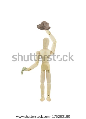 Paying Money One Hundred Dollar Bill Hat Off male adult wood mannequin isolated on white background