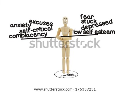 Lifestyle Change Comfort Zone Self Help Adult wood mannequin with frowning facial expression standing isolated on white background
