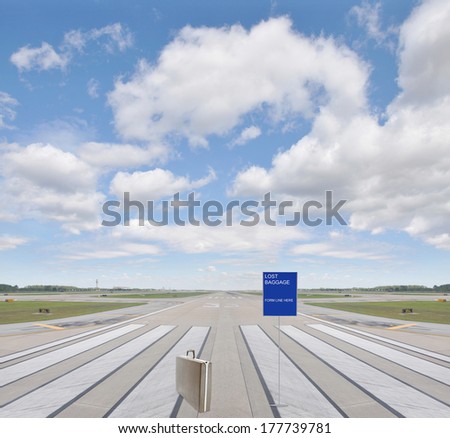 Lost Baggage Sign Form Line Here Airport Runway blue sky clouds