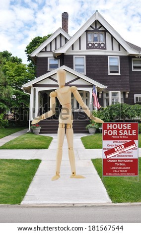 Sold For Sale Real Estate Sign Mannequin Victorian style suburban home Blue Sky clouds USA residential neighborhood