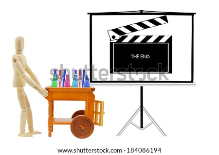 Mannequin Snack Food Cart Clapboard on Projection Screen with THE End isolated on white background