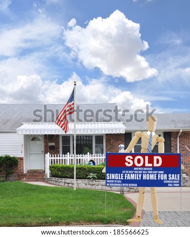 Mannequin holding Sold Real Estate (Another success let us help you buy sell your next home) Suburban Brick Home Residential neighborhood American Flag Pole  USA blue sky clouds