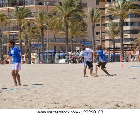 ALICANTE, SPAIN - APR 27: Alicante's frisbee team Barbaras wearing blue are competing in the First Ultimate Frisbee Tournament held at San Juan Beach in Alicante, April 27, 2014.