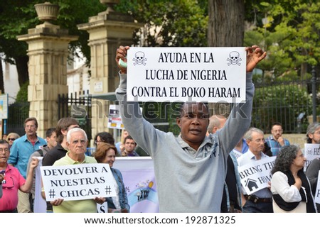 ALICANTE, SPAIN - MAY 14: Protest march for release of the Nigerian girls abducted by Terrorists Boko Haram in Government School in Chibok. Organized by Assn of Nigerians in Alicante May 14, 2014.