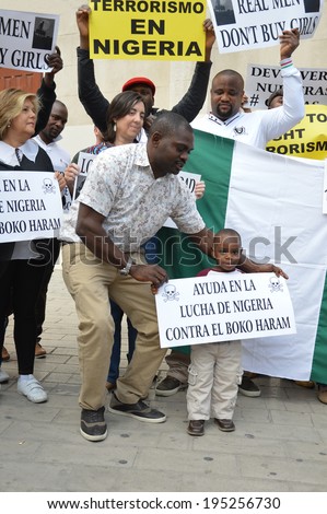 ALICANTE, SPAIN - May 14: Assn of Nigerians in front of the Plaza de Toros began protest for help with return of girls in a Chibok, Nigerian government school abducted in April. Alicante May 14, 2014.