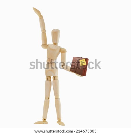 Mannequin one arm raised the other holding accordian file folder Great Job! Thank You!  isolated on white background