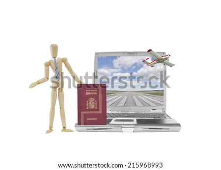 Mannequin wearing tie standing next to European Union Passport, Laptop with airport runway on screen and airplane flying out of screen isolated on white background