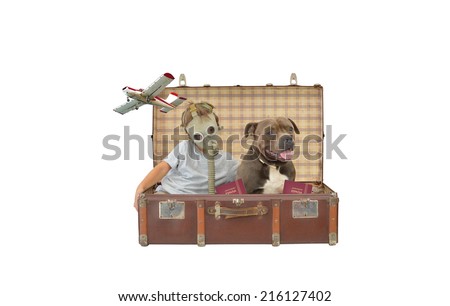 Boy wearing gas mask inside vintage suitcase with purebred dog pet and european union spain passport airborne airplane flying by isolated on white background
