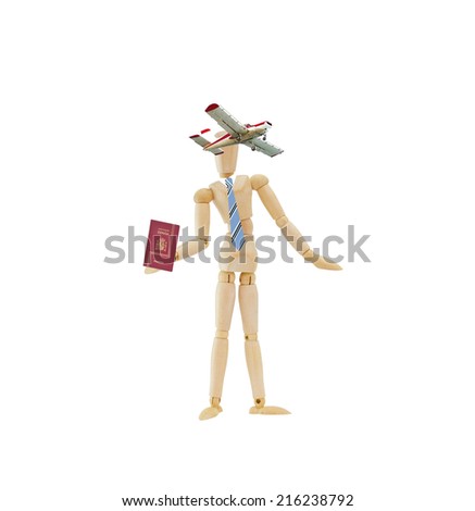 Mannequin wearing blue striped tie holding European Union Spain Passport aircraft flying by isolated on white background