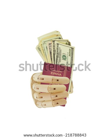 Mannequin hand holding European Union Spain Passport with US Currency isolated on white background