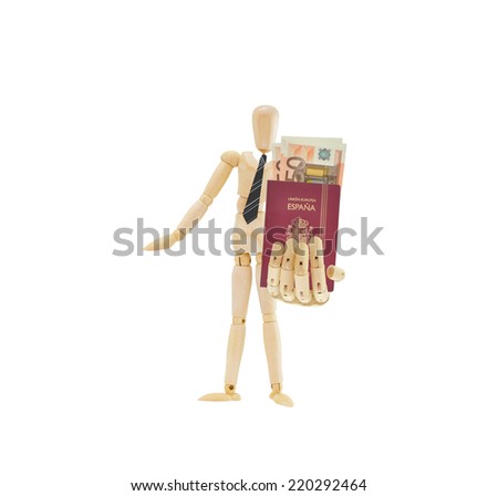 Mannequin holding out European Union Spain passport with fifty Euro currency money wearing gray striped tie isolated on white background