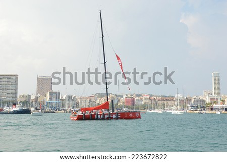 ALICANTE, SPAIN - OCT 5: Mapfre sailing team one of seven competing in the 2014-2015 Volvo Ocean Race (held every 3 years /est. in 1973) entering harbor after opening day race. Alicante, Oct 5, 2014.